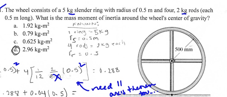 1 the wheel consists of a 5 kg slender ring with radius of 05 m and four 2 kg rods each 05 m long what is the mass moment of inertia around the wheels center of gravity a 192 kg m2 b 079 kg  31003