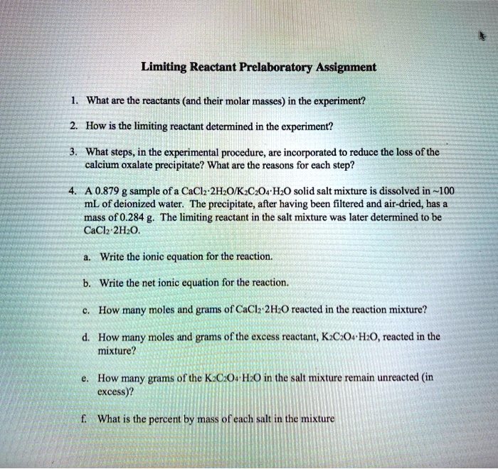 SOLVED: Limiting Reactant Prelaboratory Assignment What Are The ...