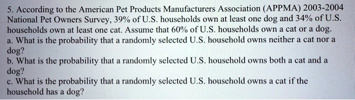 5. According to the American Pet Products Manufacturers Association (APPMA) 2003-2004
National Pet Owners Survey, 39% of U.S. households own at least one dog and 34% of U.S.
households own at least one cat. Assume that 60% of U.S. households own a cat or a dog.
a. What is the probability that a randomly selected U.S. household owns neither a cat nor a
dog?
b. What is the probability that a randomly selected U.S. household owns both a cat and a
dog?
c. What is the probability that a randomly selected U.S. household owns a cat if the
household has a dog?