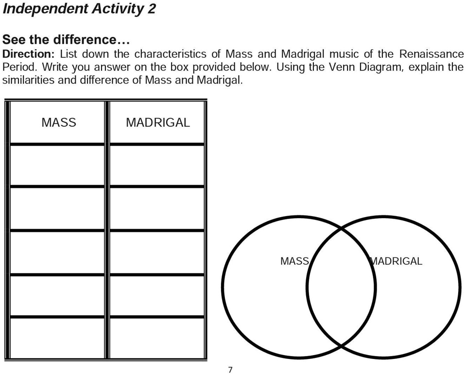 list down the characteristics of mass and madrigal music of the renaissance period write you answer on the box provided below using the venn diagram explain the similarities and difference o 39267