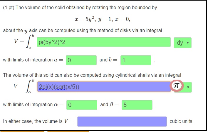 SOLVED: The Volume Of The Solid Obtained By Rotating The Region Bounded ...