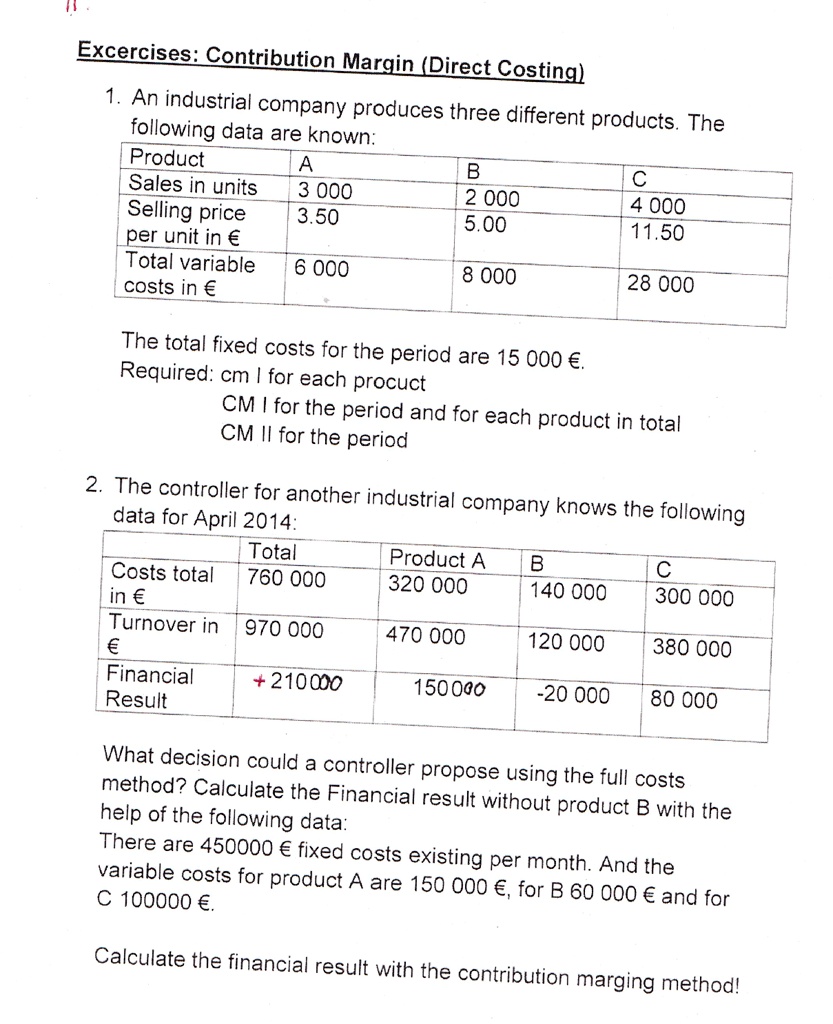 SOLVED: Texts: Exercises: Contribution Margin (Direct Costing) 1. An ...