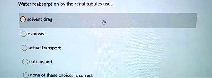 Water reabsorption by the renal tubules uses
solvent drag
osmosis
active transport
cotransport
none of these choices is correct