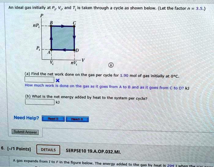 Solved An Ideal Gas Initially At P V And T Is Taken Through Cycle As Shown Below Let The Factor N 3 5 Find The Net Work Done On The Gas Per Solved An Ideal Gas Initially At P V And T Is Taken Through Cycle As Shown Below Let The Factor N 3 5 Find The Net Work Done On The Gas Per
