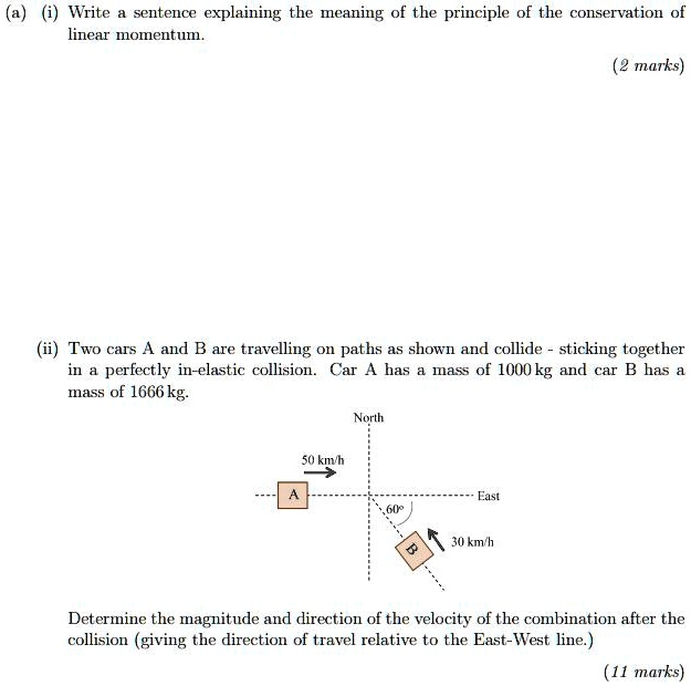 Solved Write Sentence Explaining The Meaning Of The Principle Of The Conservation Of Linear Momentum Marks Two Cars A And B Are Travelling Paths As Shown And Collide Sticking Together Perfectly In Elastic