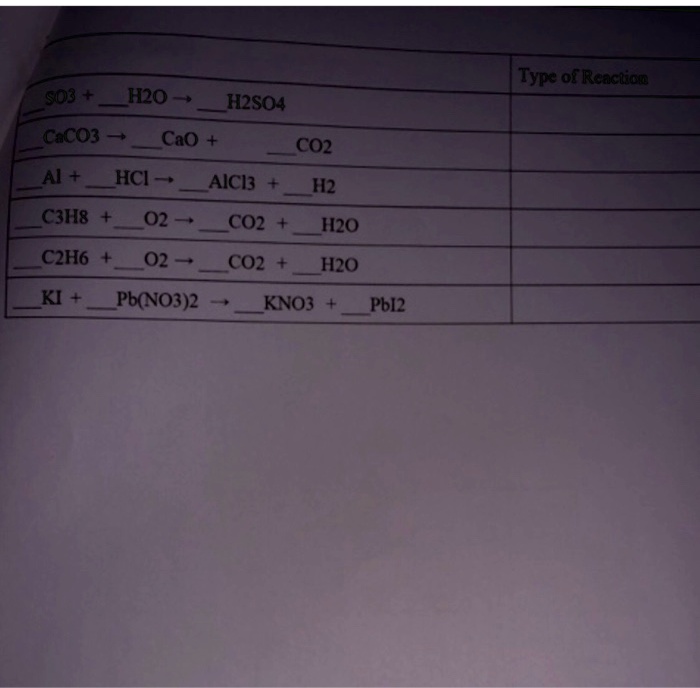 SO3 + H2O? H2SO4 CaCO3 ? CaO + CO2 Al + HCl?AlCl3 + H2 C3H8 + O2? CO2 ...