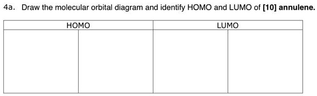 4a. Draw the molecular orbital diagram and identify HOMO and LUMO of [10] annulene.
HOMO
LUMO