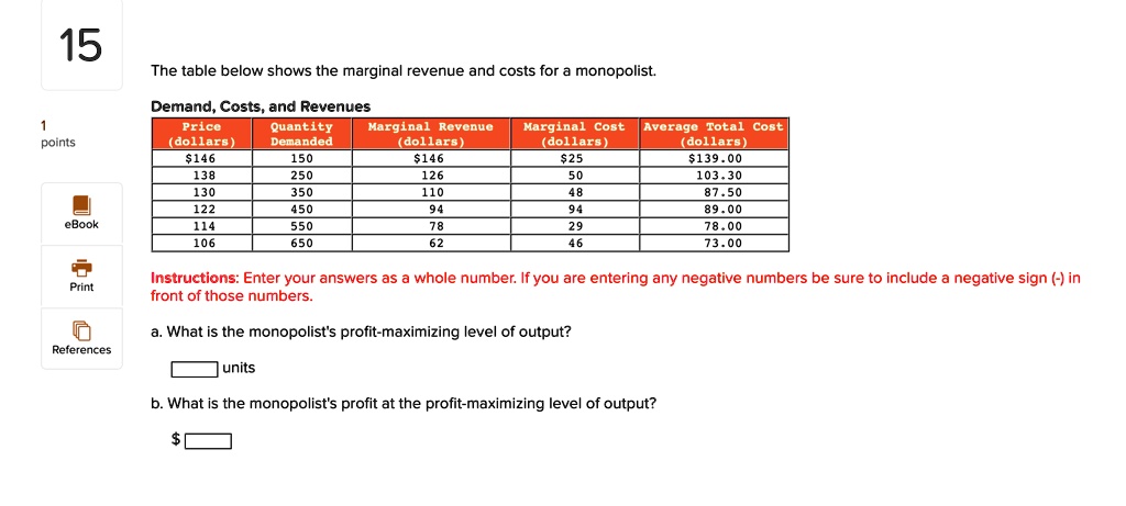 The table below shows the marginal revenue and costs for a monopolist.
Demand, Costs, and Revenues
Price (dollars) | Quantity Demanded | Marginal Revenue (dollars) | Marginal Cost (dollars) | Average Total Cost (dollars)
146 | 150 |146 | 25 |139.00
138 | 250 | 126 | 50 | 103.30
130 | 350 | 110 | 48 | 87.50
122 | 450 | 94 | 94 | 89.00
114 | 550 | 78 | 29 | 78.00
106 | 650 | 62 | 46 | 73.00
Instructions: Enter your answers as a whole number. If you are entering any negative numbers be sure to include a negative sign (-) in front of those numbers.
a. What is the monopolist's profit-maximizing level of output?
units
b. What is the monopolist's profit at the profit-maximizing level of output?