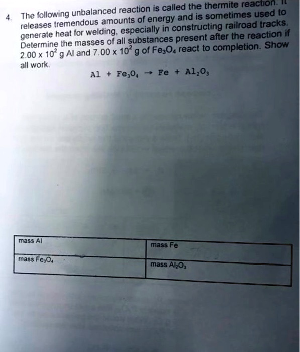 SOLVED The following unbalanced reaction is called the thermite