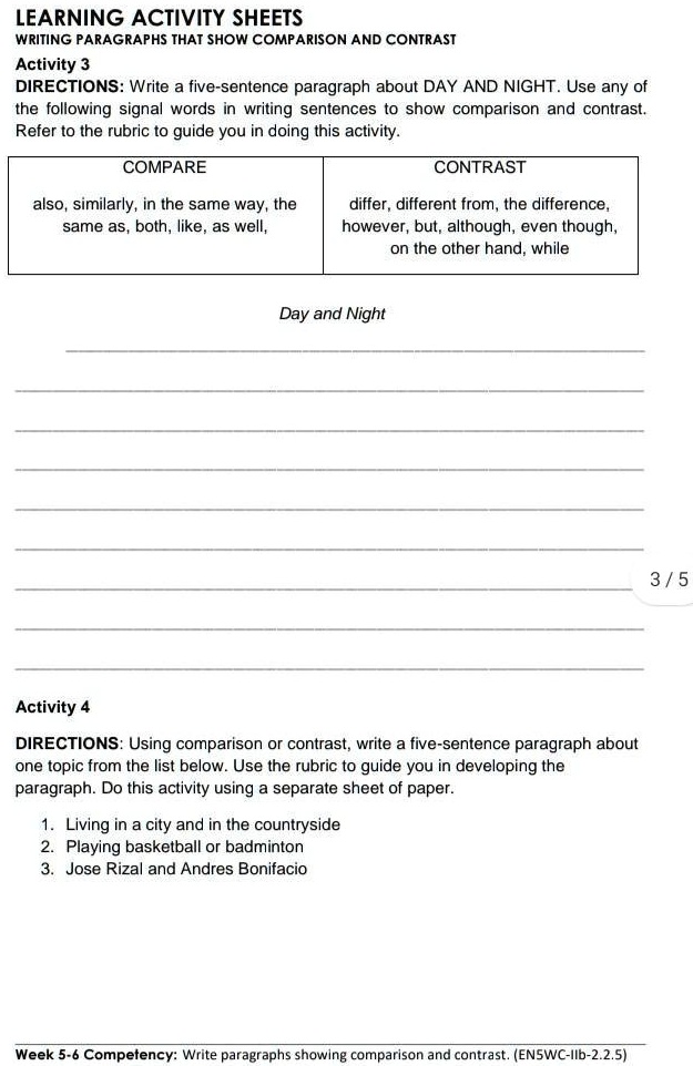 SOLVED LEARNING ACTIVITY SHEETS WRITING PARAGRAPHS THAT SHOW