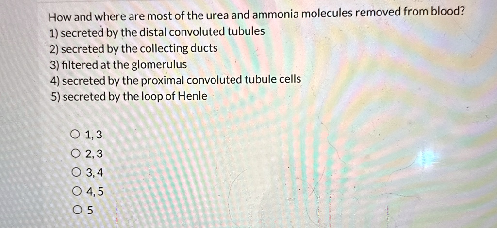 how and where are most of the urea and ammonia molecules removed from blood 1 secreted by the distal convoluted tubules 2 secreted by the collecting ducts 3 filtered at the glomerulus 4 secr 23914