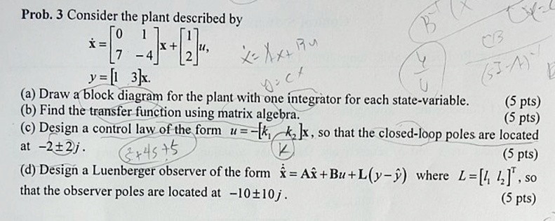 Prob. 3 Consider the plant described by ẋ = x + u, y = x. (a) Draw a ...