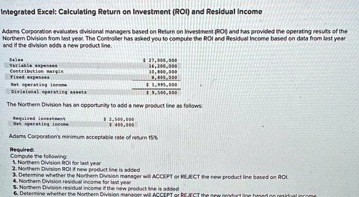 Integrated Excel: Calculating Return on Investment (ROI) and Residual Income

Adams Corporation evaluates divisional managers based on Return on Investment (ROI) and has provided the operating results of the
Northern Division from last year. The Controller has asked you to compute the ROI and Residual Income based on data from last year
and if the division adds a new product line.

Sales 27,000,000
Variable expenses 16,200,000
Contribution margin 10,800,000
Fixed expenses 8,805,000
Net operating income 1,995,000
Divisional operating assets 9,500,000

The Northern Division has an opportunity to add a new product line as follows:

Required investment 2,500,000
Net operating income 400,000

Adams Corporation's minimum acceptable rate of return 15%

Required:
Compute the following:
1. Northern Division ROI for last year
2. Northern Division ROI if new product line is added
3. Determine whether the Northern Division manager will ACCEPT or REJECT the new product line based on ROI.
4. Northern Division residual income for last year
5. Northern Division residual income if the new product line is added
6. Determine whether the Northern Division manager will ACCEPT or REJECT the new product line based on residual income.