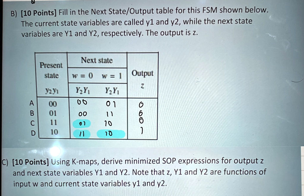 b 10 points fill in the next stateoutput table for this fsm shown below the current state variables are called y1 and y2 while the next state variables are y1 and y2 respectively the output  88542