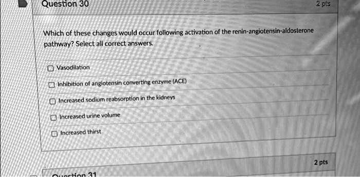 Which of these changes would occur following activation of the renin-angiotensin-aldosterone pathway? Select all correct answers.

Vasodilation
Inhibition of angiotensin converting enzyme (ACE)
Increased sodium reabsorption in the kidneys
Increased urine volume
Increased thirst