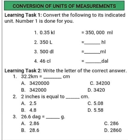 ACTIVITY 3: CONVERT ME- Convert the following measuring units as indicated  Refer to the table above and in 