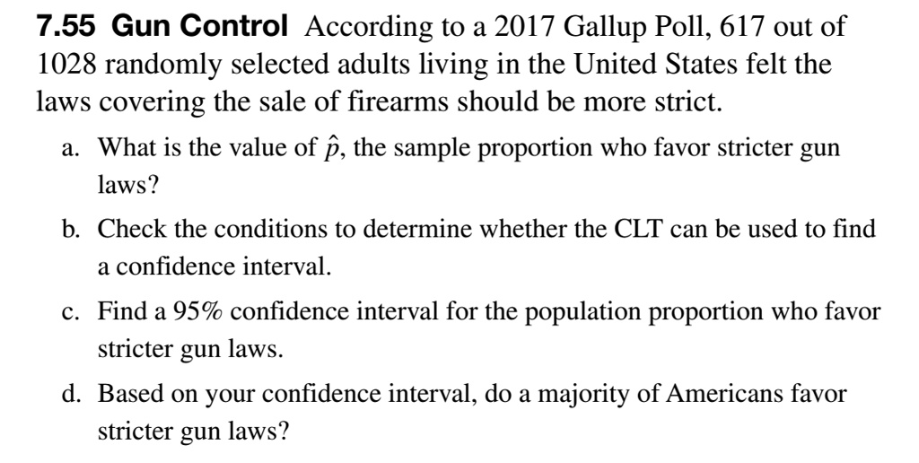 7.55 Gun Control According to a 2017 Gallup Poll, 617 out of
1028 randomly selected adults living in the United States felt the
laws covering the sale of firearms should be more strict.
a. What is the value of hatp, the sample proportion who favor stricter gun
laws?
b. Check the conditions to determine whether the CLT can be used to find
a confidence interval.
c. Find a 95% confidence interval for the population proportion who favor
stricter gun laws.
d. Based on your confidence interval, do a majority of Americans favor
stricter gun laws?