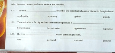 select the correct answer and write it on the line provided 121 the term  describes any pathologic change or disease in the spinal cord myelopathy myopathy pyelitis  53083