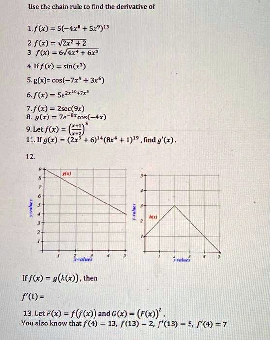 Solved Use The Chain Rule To Find The Derivative Of 1 F X 5 4x8 Sx 13 2fk V2xz 2 3 F X 6v4r 6r 4 If F X Sin X 5 G X Cos 7x 3x6 6 F X