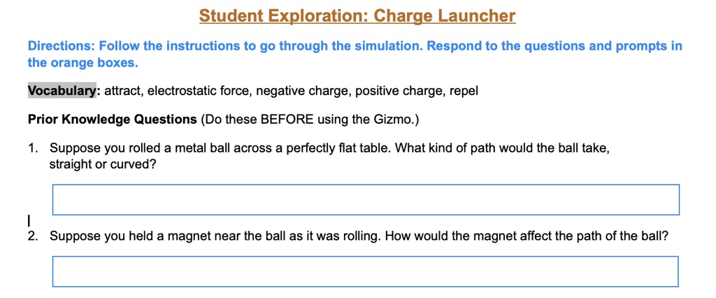 Student Exploration: Charge Launcher Directions: Follow the ...
