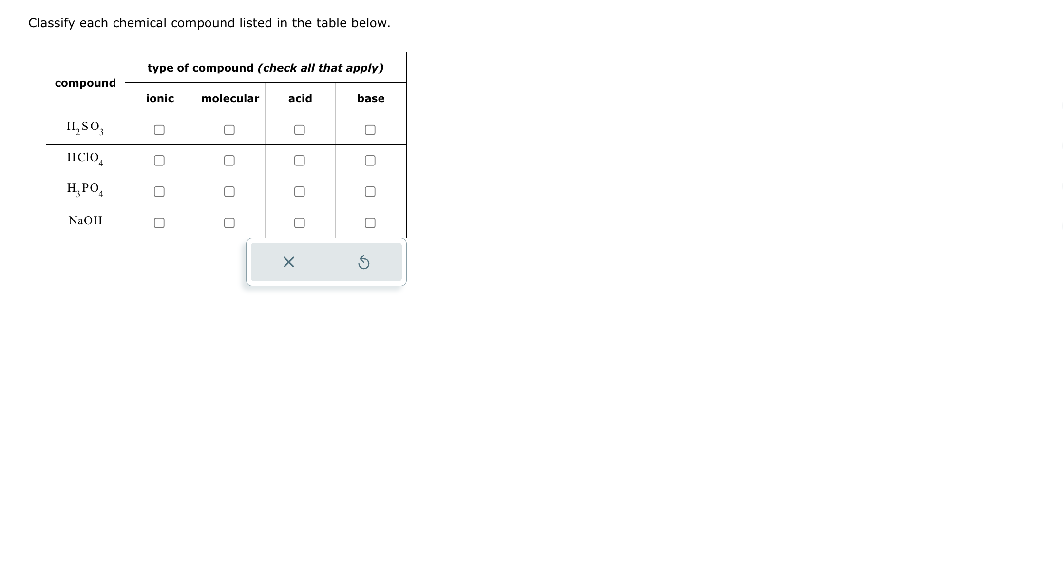 SOLVED: Classify each chemical compound listed in the table below. 2