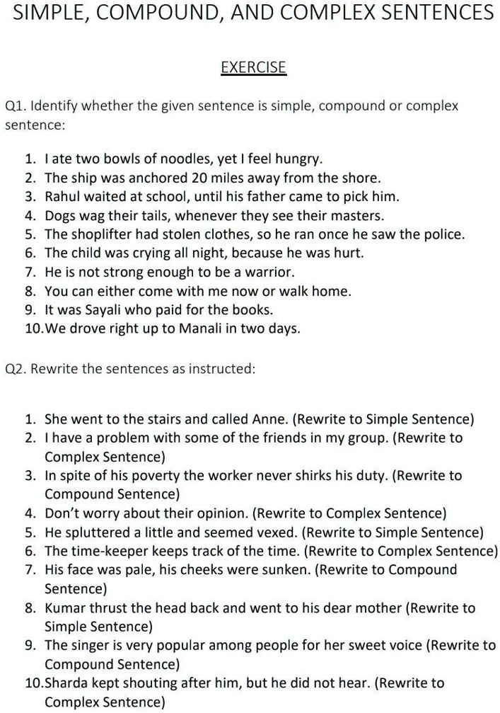 pls tell me the answer pls simple compound and complex sentences