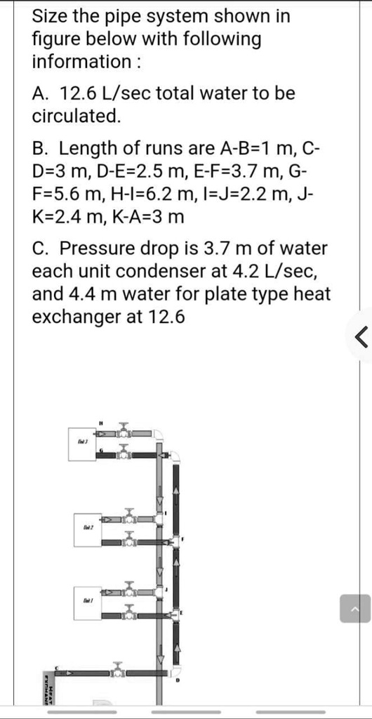 Size the pipe system shown in
figure below with following
information:
A. 12.6 L/sec total water to be
circulated.
B. Length of runs are A-B=1 m, C-
D=3 m, D-E=2.5 m, E-F=3.7 m, G-
F=5.6 m, H-I=6.2 m, I=J=2.2 m, J-
K=2.4 m, K-A=3 m
C. Pressure drop is 3.7 m of water
each unit condenser at 4.2 L/sec,
and 4.4 m water for plate type heat
exchanger at 12.6