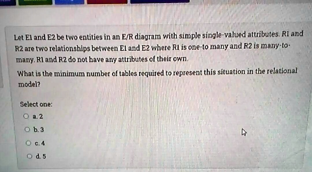 SOLVED: Let El and E2 be two entities in an E/R diagram with simple ...
