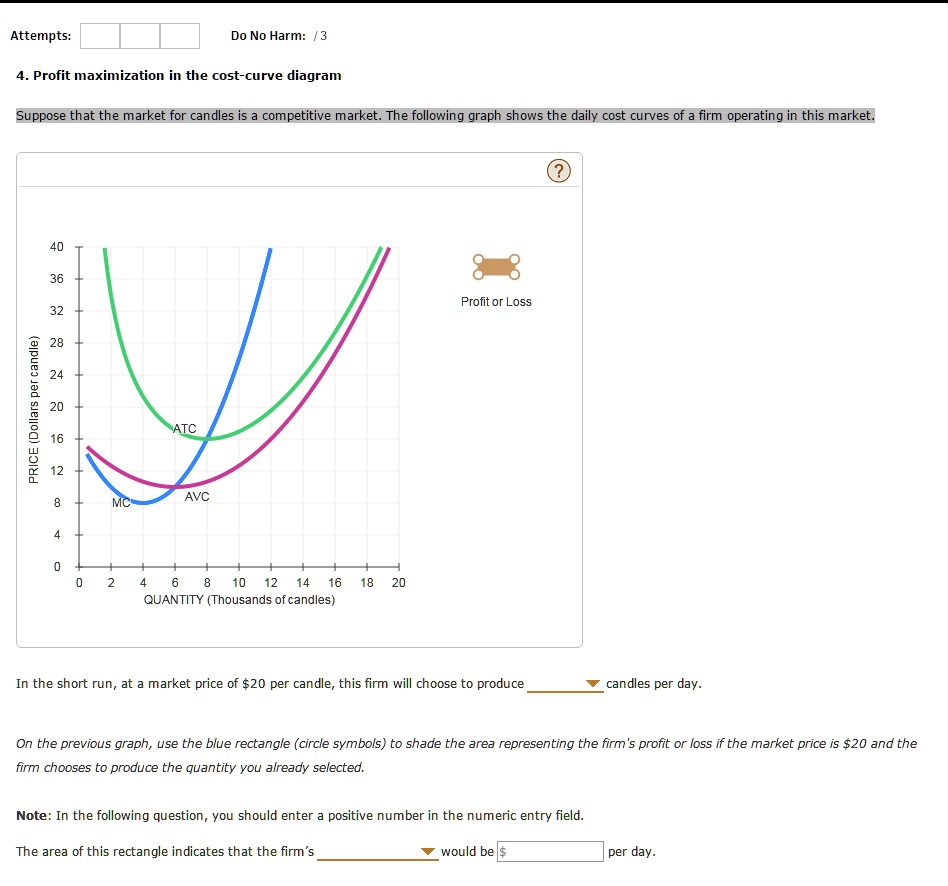 4. Profit maximization in the cost-curve diagram
Suppose that the market for candles is a competitive market. The following graph shows the daily cost curves of a firm operating in this market.
PRICE (Dollars per candle)
40
36
32
28
24
20
ATC
16
12
AVC
8
MC
4
0
0 2 4 6 8 10 12 14 16 18 20
QUANTITY (Thousands of candles)
Profit or Loss
In the short run, at a market price of 20 per candle, this firm will choose to produce candles per day.
On the previous graph, use the blue rectangle (circle symbols) to shade the area representing the firm's profit or loss if the market price is20 and the firm chooses to produce the quantity you already selected.
Note: In the following question, you should enter a positive number in the numeric entry field.
The area of this rectangle indicates that the firm's would be per day.