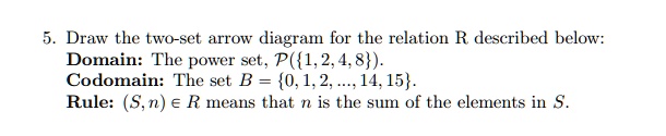 5. Draw the two-set arrow diagram for the relation R described below:
Domain: The power set, P(1, 2, 4, 8).
Codomain: The set B = {0, 1, 2, …, 14, 15}.
Rule: (S,n) ∈ R means that n is the sum of the elements in S.