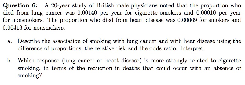 Question 6: A 20-year study of British male physicians noted that the proportion who
died from lung cancer was 0.00140 per year for cigarette smokers and 0.00010 per year
for nonsmokers. The proportion who died from heart disease was 0.00669 for smokers and
0.00413 for nonsmokers.
a. Describe the association of smoking with lung cancer and with heart disease using the
difference of proportions, the relative risk and the odds ratio. Interpret.
b. Which response (lung cancer or heart disease) is more strongly related to cigarette
smoking, in terms of the reduction in deaths that could occur with an absence of
smoking?
