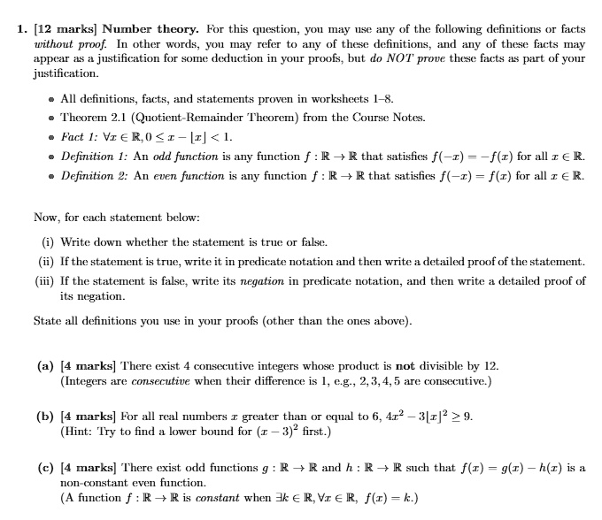 solved 1 12 marks number theory for this question you mily u50 any of the following definitions or facts athout proof in other words hui may refer to of these definitions and any