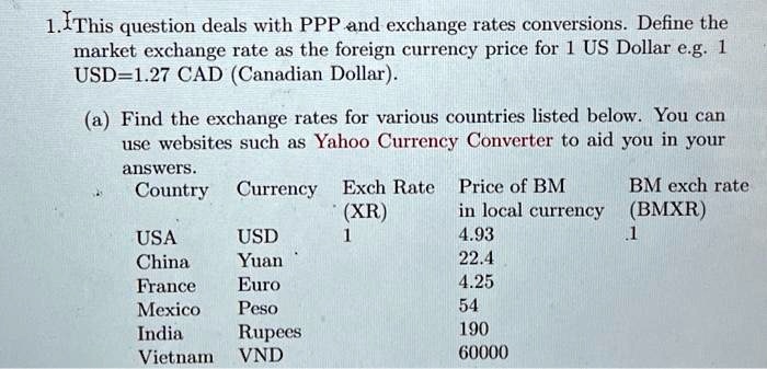 Texts: 1. This question deals with PPP and exchange rate conversions. Define the market exchange rate as the foreign currency price for 1 US Dollar, e.g. 1 USD = 1.27 CAD (Canadian Dollar).

(a) Find the exchange rates for various countries listed below. You can use websites such as Yahoo Currency Converter to aid you in your answers.

Country Currency Exch Rate Price of BM BM exch rate (XR) in local currency (BMXR) 
USA USD 1 4.93 
China Yuan 22.4 
France Euro 4.25 
Mexico Peso 54 
India Rupees 190 
Vietnam VND 60000