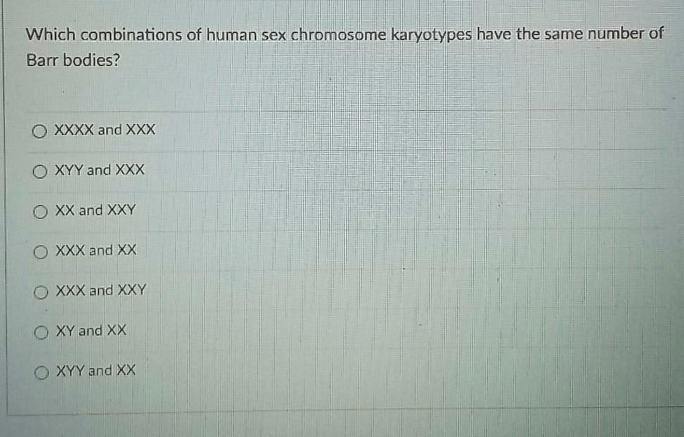 Downlod Xxxx Hd Sex Video - SOLVED: Which combinations of human sex chrorosome karyotypes have the same  number of Barr bodies? XXXX and XXX XYY and XXX XX and XXY XXX and XX XXX  and XXY XY and