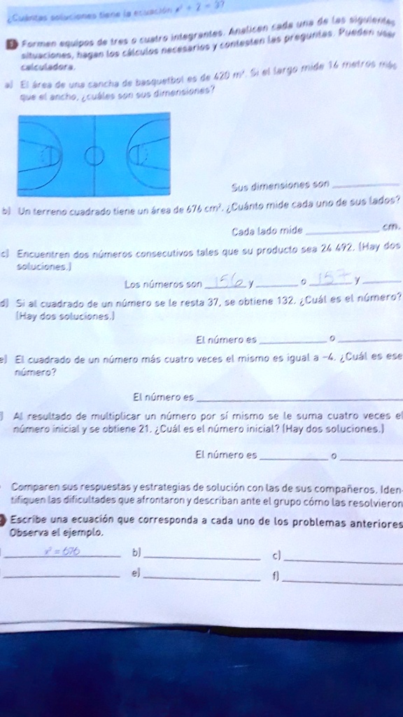 SOLVED: el área de una cancha de basquetbol es de  el largo mide 14  metros mas que el ancho¿cuales son sus dimensiones? 4345 0 09138 1a94s 79n  1m5u6 1n89[0nles bunen 44989