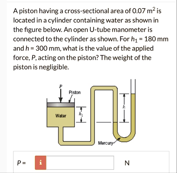 a piston having a cross sectional area of 007m2 is located in a cylinder containing water as shown in the figure below an open u tube manometer is connected to the cylinder as shown for h11 70657