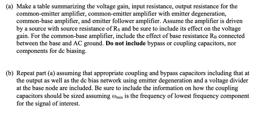 SOLVED: (a) Make a table summarizing the voltage gain, input resistance ...
