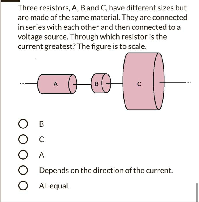 SOLVED:Three resistors,A, B and C, have different sizes but are made of ...