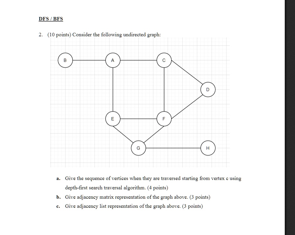 SOLVED: DFS BFS (10 points) Consider the following undirected graph ...