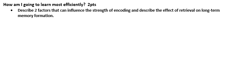 How am I going to learn most efficiently?
• Describe 2 factors that can influence the strength of encoding and describe the effect of retrieval on long-term memory formation.