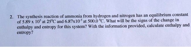 The synthesis reaction of ammonia from hydrogen and nitrogen...