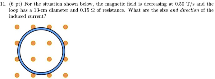 SOLVED: (6 pt ) For the situation shown below the magnetic field is decreasing at 0.50 T/s the loop has 13-cm diameter and 0.15 2 of resistance. What are the size