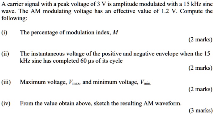 A carrier signal with a peak voltage of 3 V is amplitude...