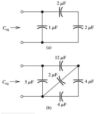 2 ?F
Ceq
1 ?F
2 ?F
(a)
12 ?F
2 µF
Ceq 5 µF
4 µF
4 ?F
(b)
