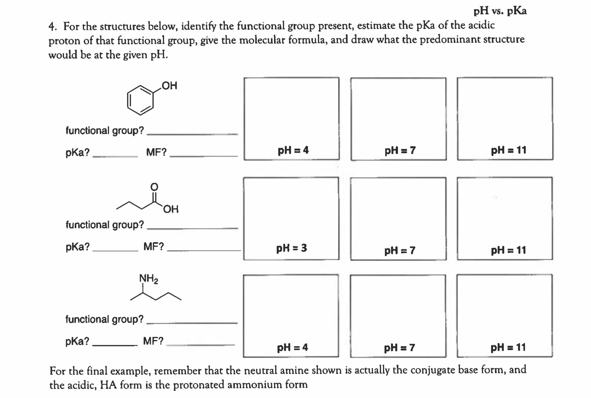 SOLVED PH Vs PKa 4 For The Structures Below Identify The Functional Group Present Estimate