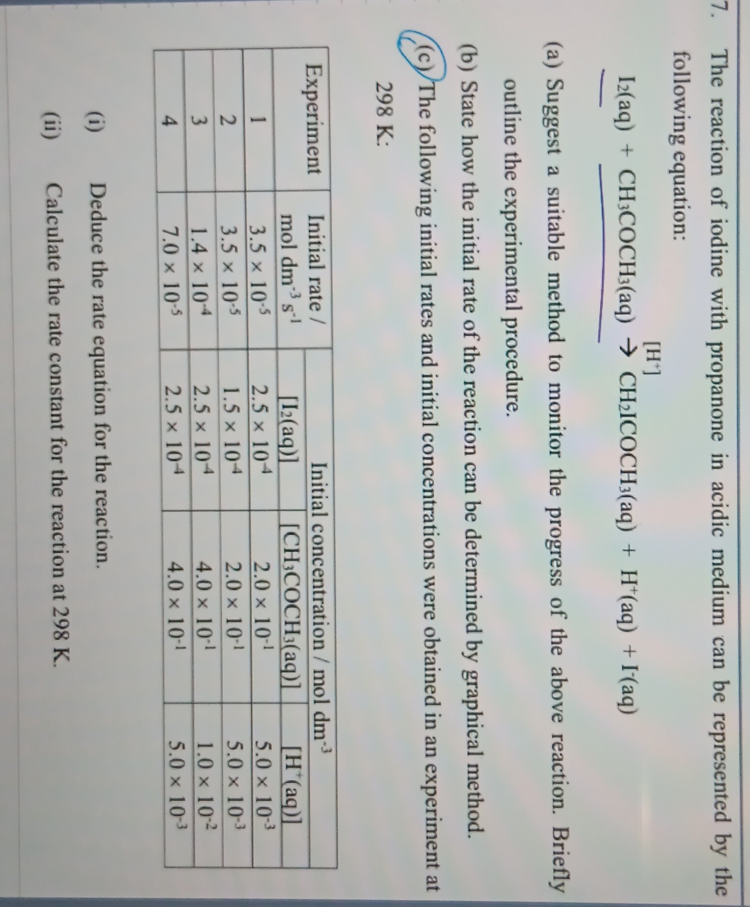SOLVED 7. The reaction of iodine with propanone in acidic medium can