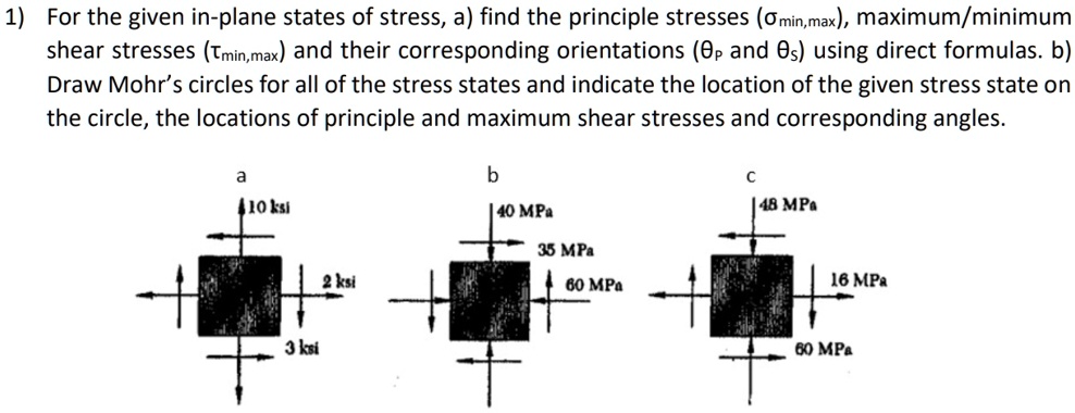 1) For the given in-plane states of stress, a) find the principle ...