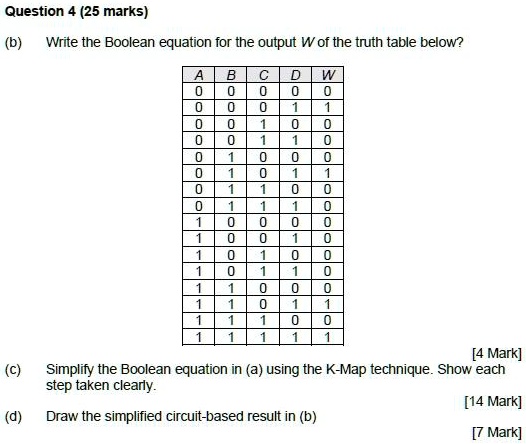 SOLVED: Question 4 (25 marks) (b) Write the Boolean equation for the ...