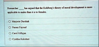 researcher  has argued that the kohlbergs theory of moral development is more applicable to males than it is to females marjorie durshak naomi fayoud carol gilligan cynthia kalodner 38637