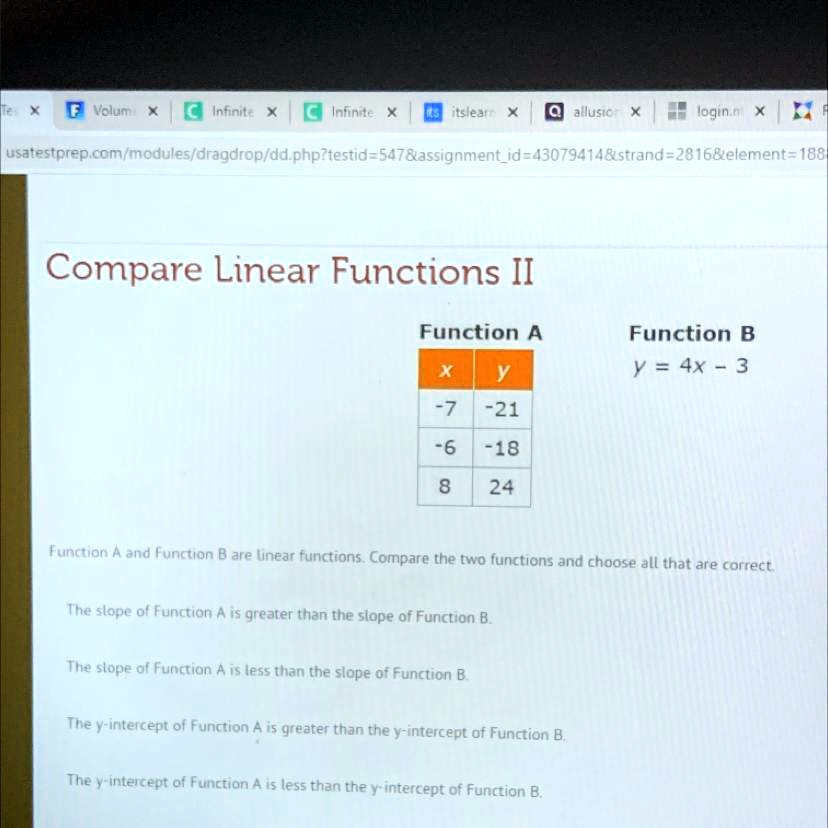 Compare Linear Functions II Function A Function B x y y = 4x - 3 -7 -21 ...